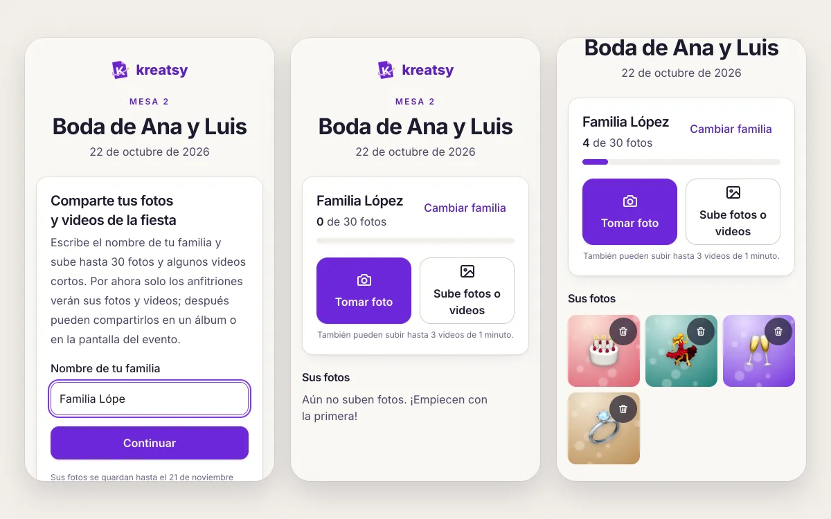 Página del invitado de la mesa 2: escribe el nombre de su familia y sube sus fotos desde el celular